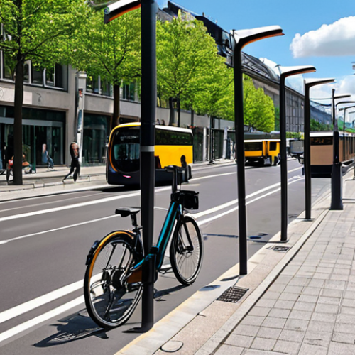 A modern European city street scene, focusing on sustainable mobility. Visualize cyclists using dedicated bike lanes, electric buses at a bus stop with a digital display showing real-time information, and smart traffic lights optimizing the flow of hybrid and electric vehicles. In the background, buildings with solar panels can be seen. Consider a bright, environmentally conscious atmosphere reflecting a commitment to eco-friendly urban living.