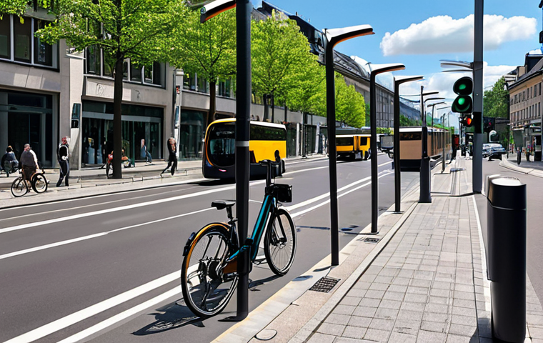 A modern European city street scene, focusing on sustainable mobility. Visualize cyclists using dedicated bike lanes, electric buses at a bus stop with a digital display showing real-time information, and smart traffic lights optimizing the flow of hybrid and electric vehicles. In the background, buildings with solar panels can be seen. Consider a bright, environmentally conscious atmosphere reflecting a commitment to eco-friendly urban living.