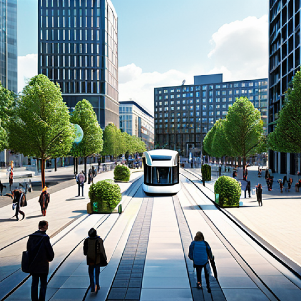 **
"A bustling scene depicting a modern European city square, showcasing diverse individuals (city planners, tech developers, citizens) collaborating around a holographic display projecting a Smart City interface. The scene includes eco-friendly public transportation, smart street lighting, and green infrastructure. Style: Professional architectural rendering, bright daytime lighting, emphasizing collaboration and technological advancement. safe for work, appropriate content, fully clothed, professional, perfect anatomy, natural proportions."
**