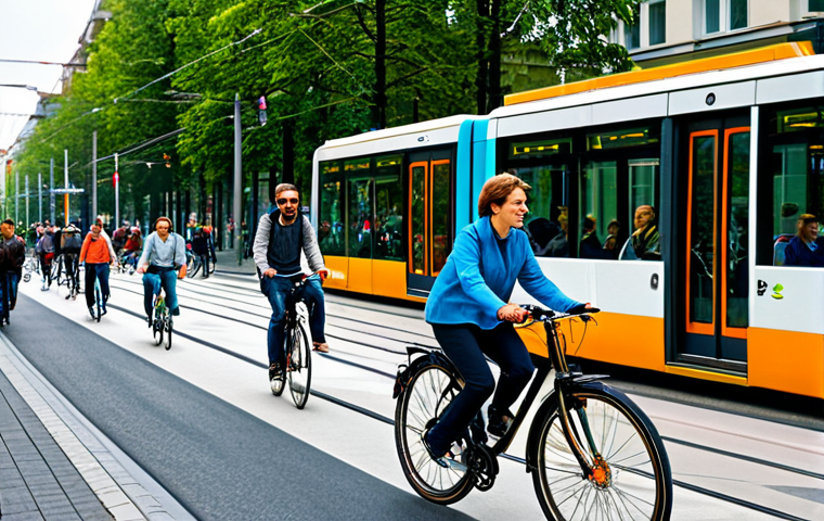 Sustainable Transportation**
"A bustling street scene in Berlin featuring cyclists using dedicated bike lanes, a modern tram in the background, and pedestrians enjoying a wide, tree-lined sidewalk. All individuals are fully clothed in appropriate, everyday attire. Safe for work, professional, perfect anatomy, natural pose, high quality, appropriate content, fully clothed, family-friendly."
**