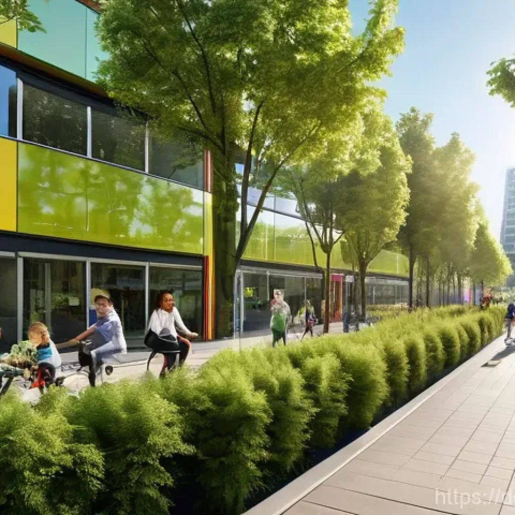 스마트시티 디자인과 기후 변화 대응 전략 - **Prompt:** "A vibrant, futuristic urban park seamlessly integrated with modern German architecture....