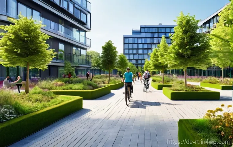 스마트시티 디자인과 공공 건강 문제 - **Prompt:** A vibrant, bustling urban park in a modern European smart city. The park is a lush green...