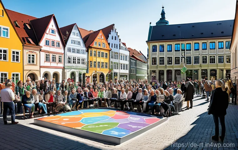 스마트시티 디자인에서의 커뮤니티 중심 접근 - "Tiny Rathaus" in Action: Community Dialogue in a German City Square**
A vibrant, sunny day in a mo...