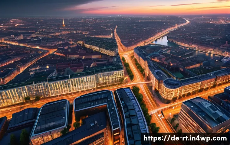 스마트시티 디자인에 필요한 기술 플랫폼 - **"The Digital Heartbeat of a Smart German City"**: A breathtaking, high-angle aerial view of a bust...