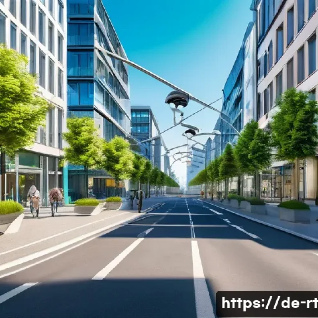 스마트시티 디자인의 공공 정책 영향 - A futuristic German smart city street scene during daytime, showcasing advanced digital infrastructu...