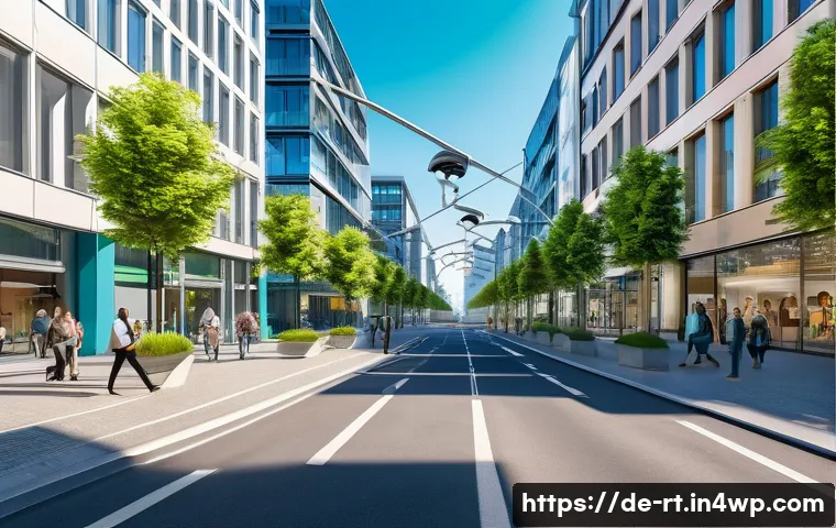 스마트시티 디자인의 공공 정책 영향 - A futuristic German smart city street scene during daytime, showcasing advanced digital infrastructu...