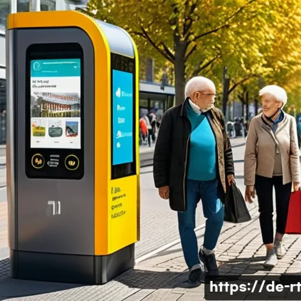 스마트시티 디자인의 사회적 책임 - A vibrant urban scene in a modern German city showing diverse elderly citizens and people with disab...