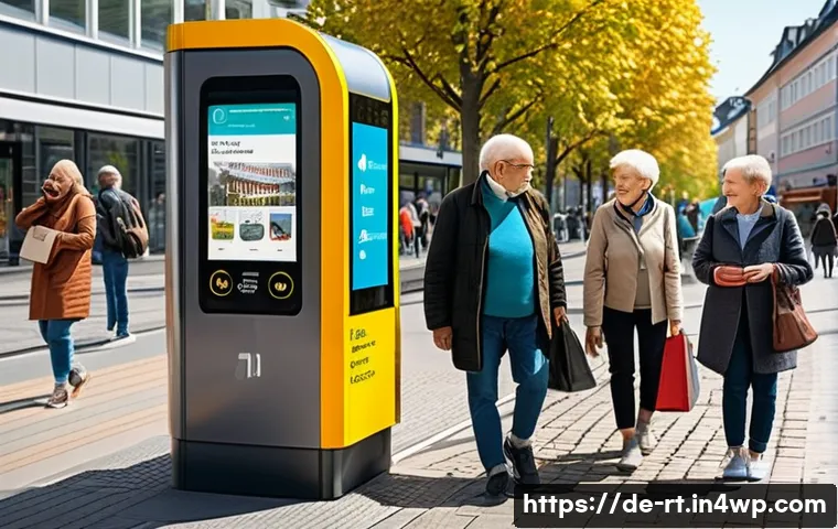 스마트시티 디자인의 사회적 책임 - A vibrant urban scene in a modern German city showing diverse elderly citizens and people with disab...