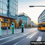 Home 21 스마트시티 디자인의 디지털 혁신 사례 - A vibrant urban street scene in Munich showcasing intelligent traffic light systems in action during...