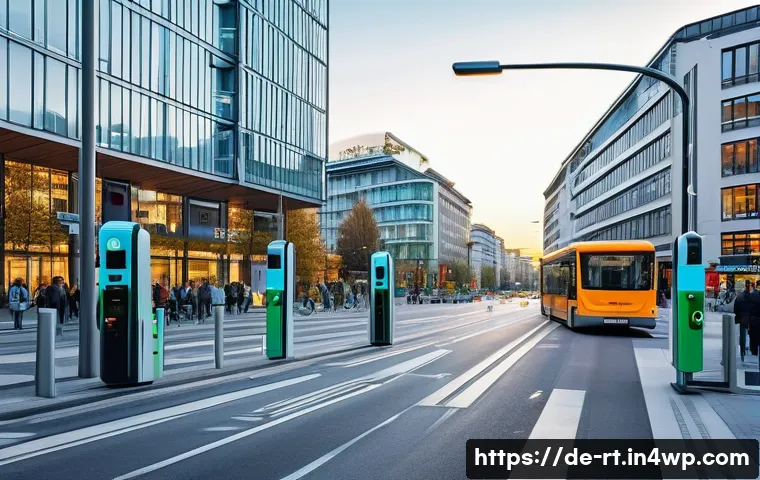 스마트시티 디자인의 디지털 혁신 사례 - A vibrant urban street scene in Munich showcasing intelligent traffic light systems in action during...