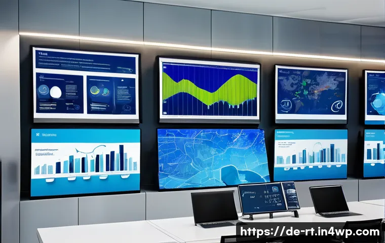 스마트시티 디자인에서의 지속 가능한 물 관리 - A modern urban water management control center with large digital screens displaying real-time data ...