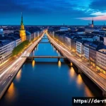 Home 18 스마트시티 디자인에서의 기업 파트너십 - A highly detailed urban scene of Hamburg’s smart traffic management system, showcasing a bustling ci...