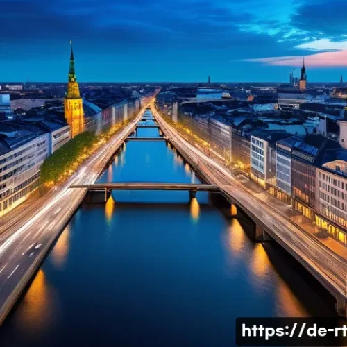 Home 30 스마트시티 디자인에서의 기업 파트너십 - A highly detailed urban scene of Hamburg’s smart traffic management system, showcasing a bustling ci...