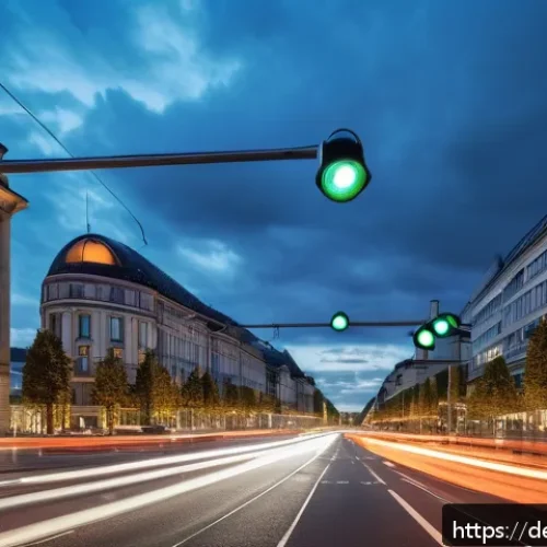 Home 17 스마트시티 디자인의 법적 규제 이해 - A modern German urban street scene in Berlin featuring smart traffic light systems with connected se...