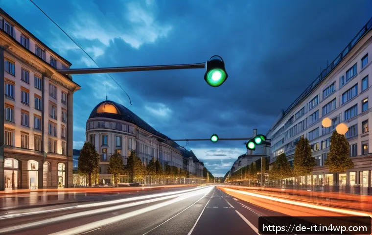 스마트시티 디자인의 법적 규제 이해 - A modern German urban street scene in Berlin featuring smart traffic light systems with connected se...