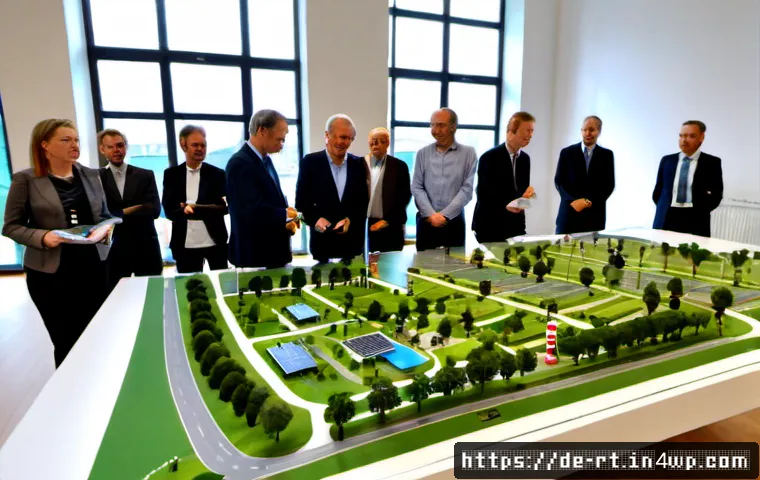 Home 17 스마트시티 디자인의 정책적 지원 방안 - Photorealistic smart city policy planning meeting in a bright modern German municipal building, dive...