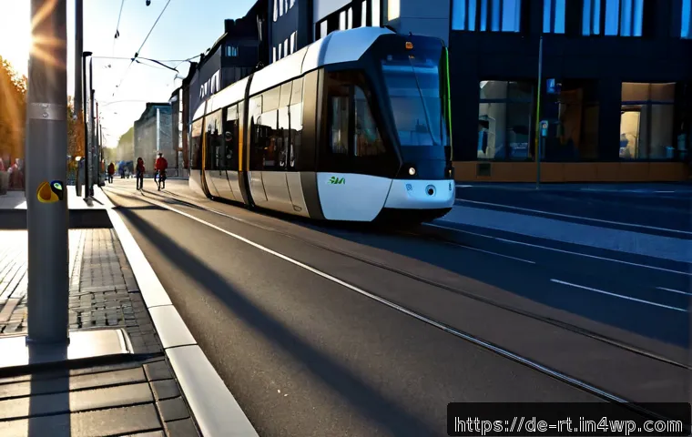 Home 17 스마트시티 디자인에서의 디지털 인프라 구축 - Photorealistic smart city street in a modern German urban district, sleek electric tram passing besi...